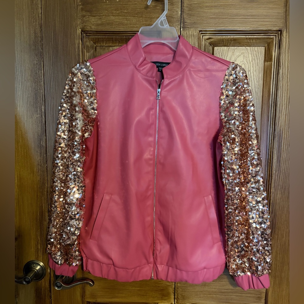 Colleen Lopez Faux Leather Pink Bomber jacket with Gold Sequin Sleeves XS